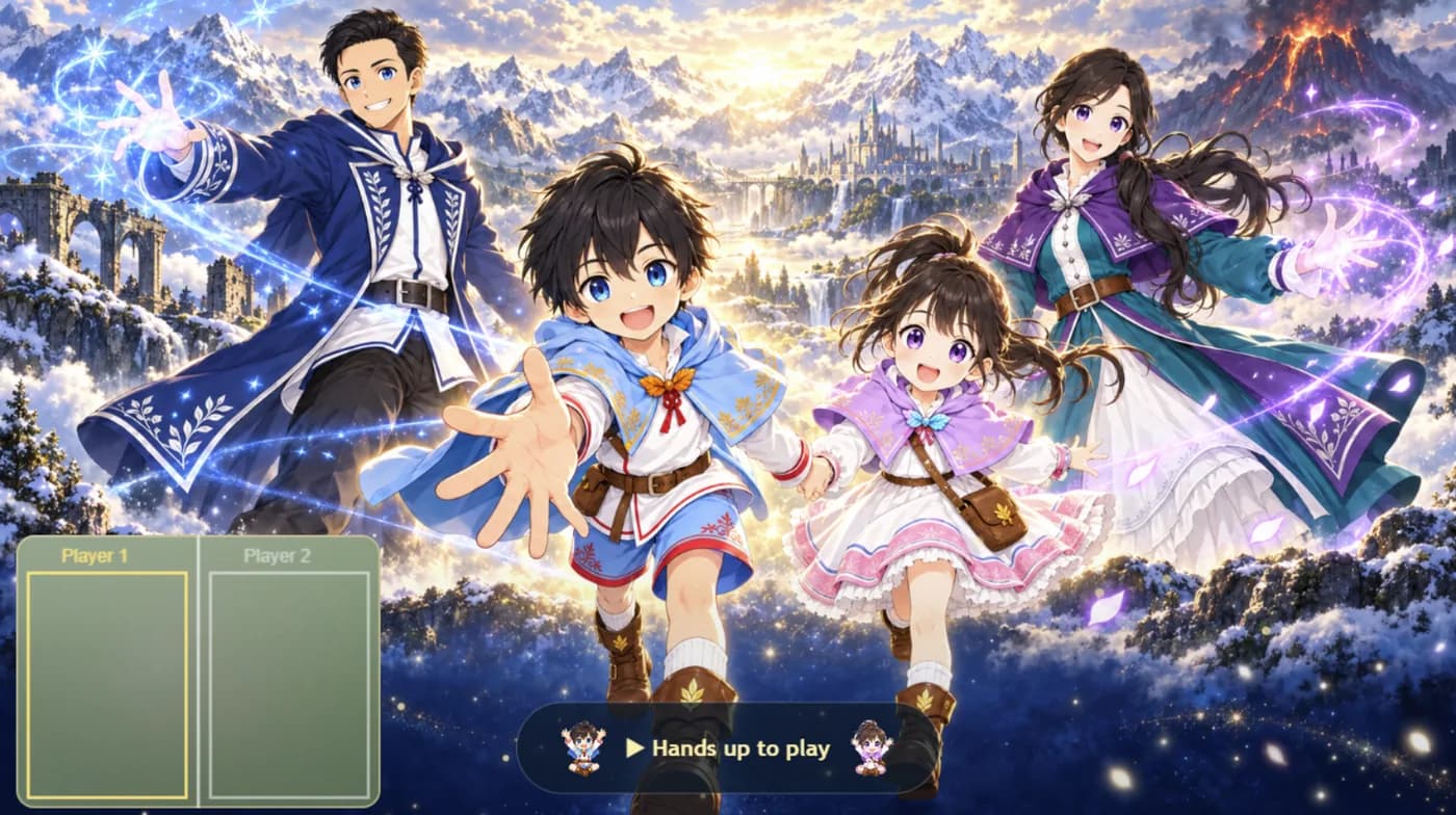 Poka Poka title screen: the family as illustrated heroes, with a Hands up to play prompt